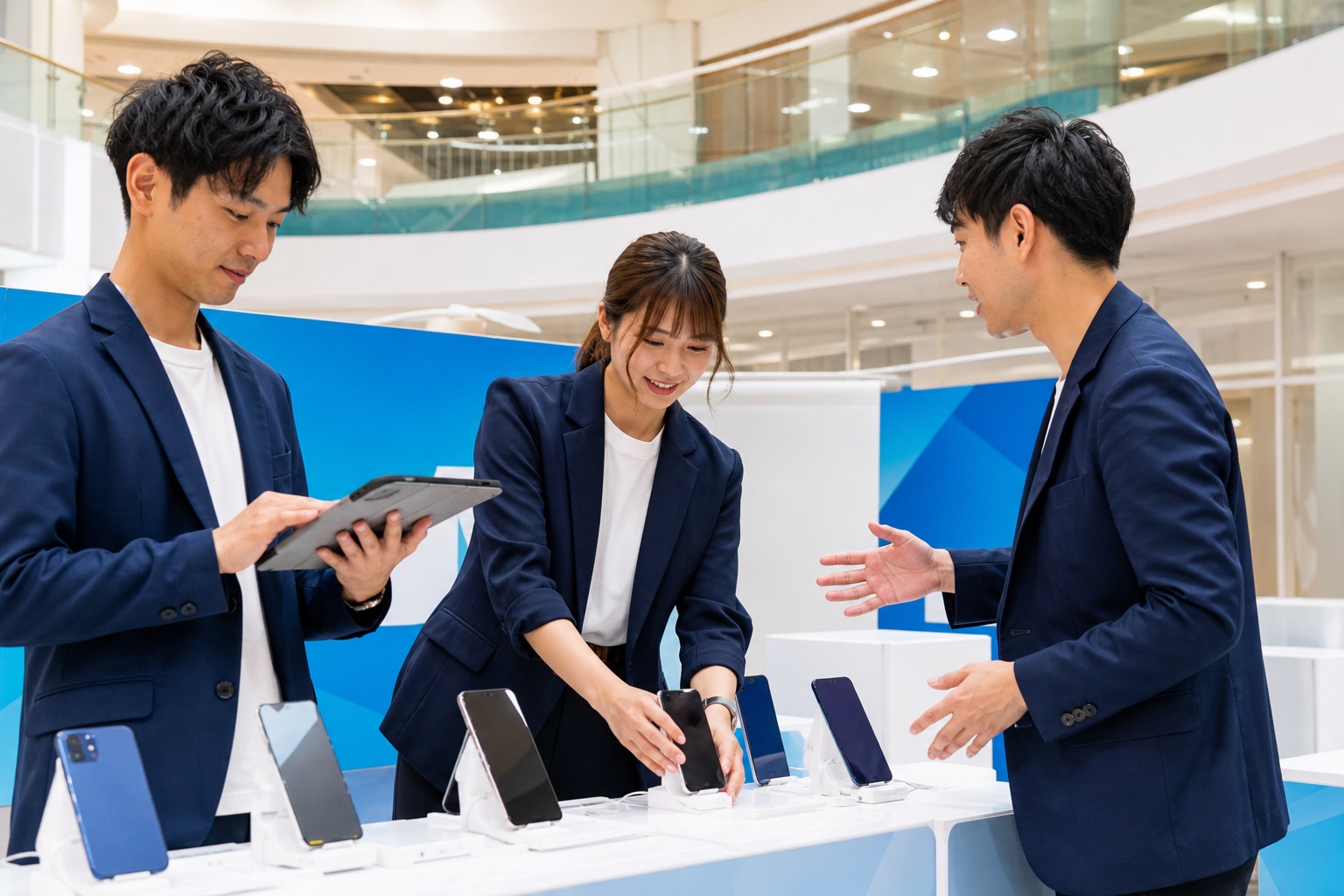 スマートフォン販売イベントの準備を進める3名のスタッフによる再現イメージ